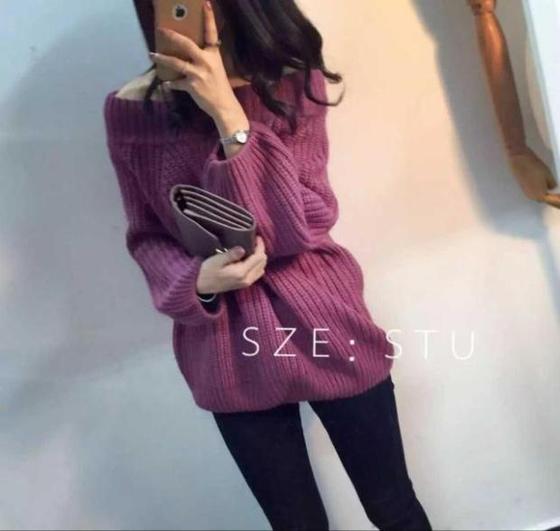 Spring and Autumn Fashion Korean version of small S with one word collar, shoulder-open, loose sweater, medium-length jacket for women's Pullover knitted sweater