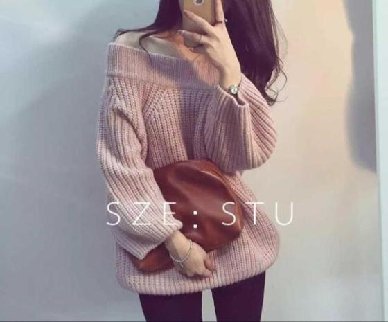 Spring and Autumn Fashion Korean version of small S with one word collar, shoulder-open, loose sweater, medium-length jacket for women's Pullover knitted sweater
