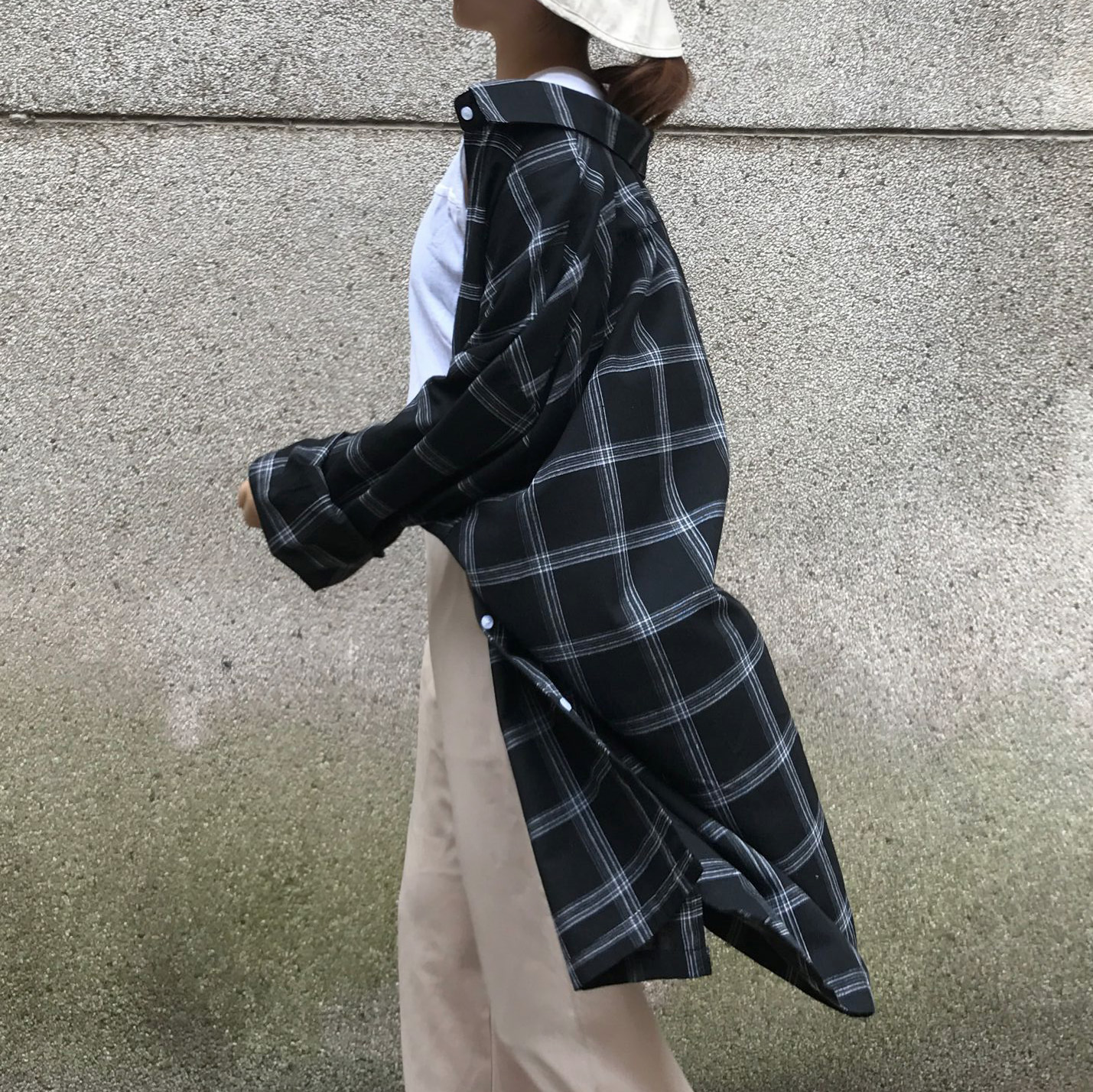 Real photo of Hanchic checked BF loose medium and long shirt windbreaker jacket in 3 colors