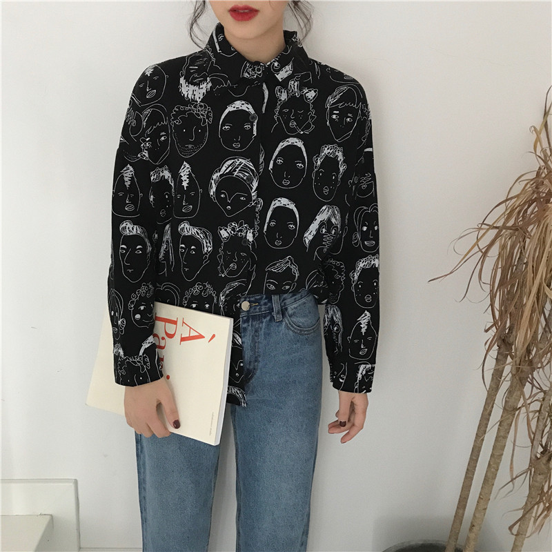 Actual photo of the new style of Korean printed long sleeve shirt in 2018